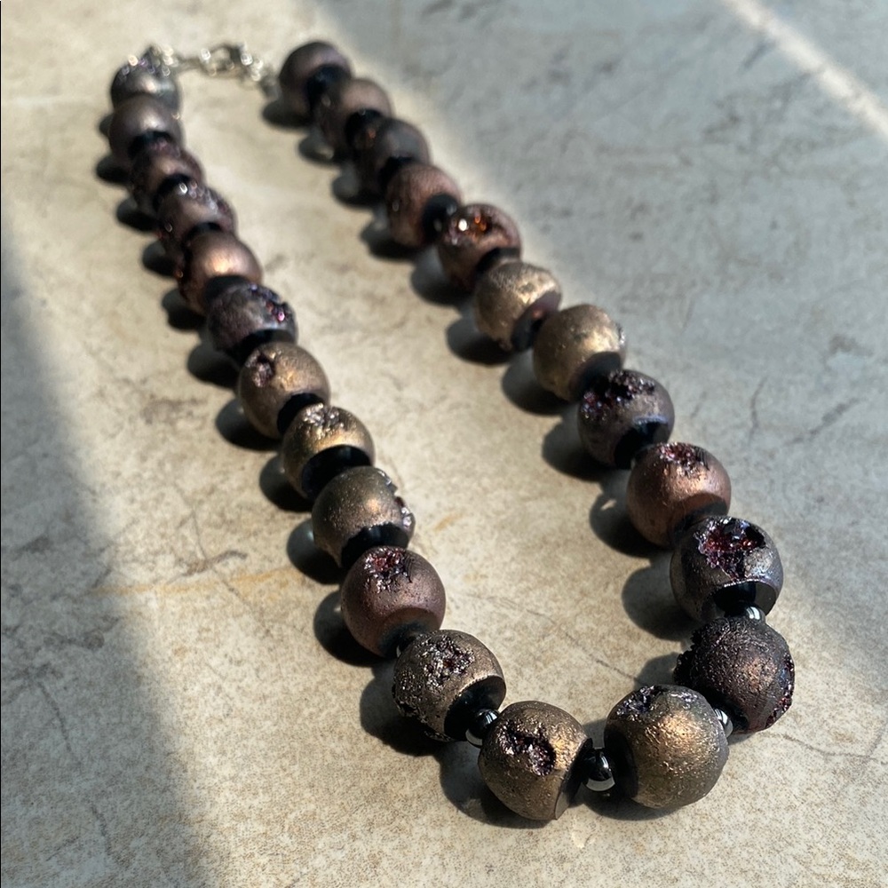 Purple Druzy Silver Beaded Choker Necklace